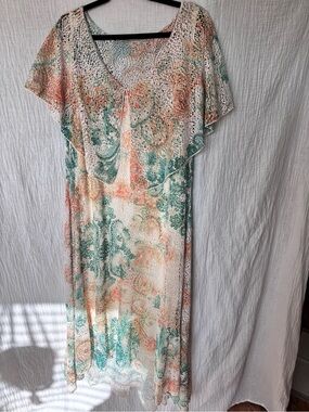 Reba Open Weave Multi Colored Maxi Dress in Cream, Teal & Peach Sherbet Colors